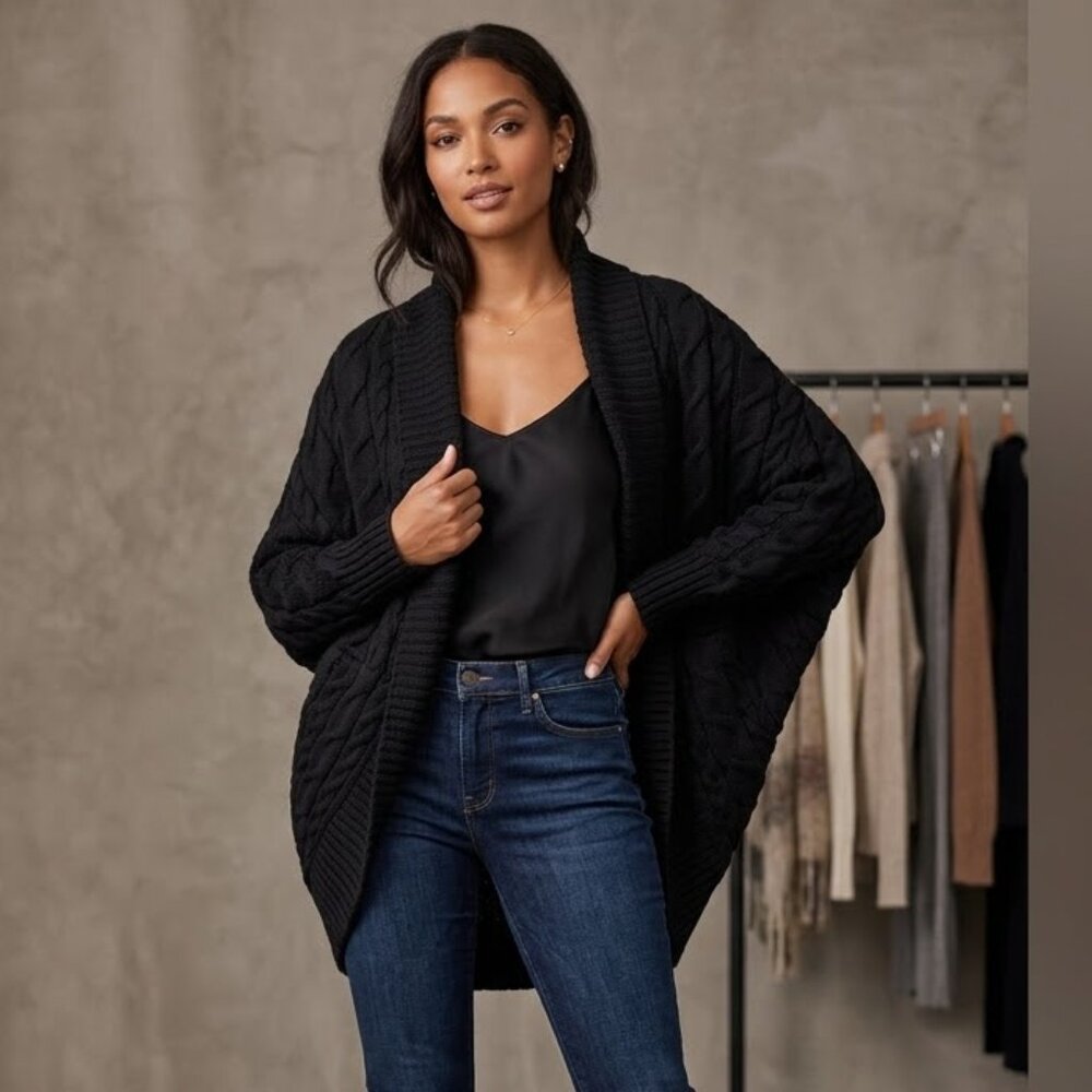 Black Cable Knit Open-Front Cardigan